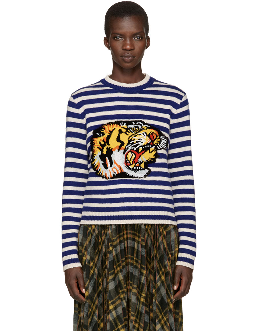 GUCCI Blue & White Striped Tiger Sweater · VERGLE