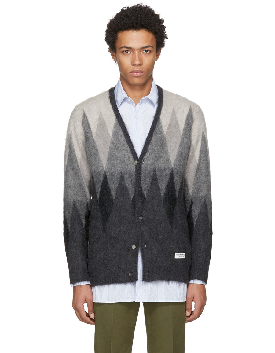 WACKO MARIA Grey Mohair Diamond Jacquard Cardigan · VERGLE