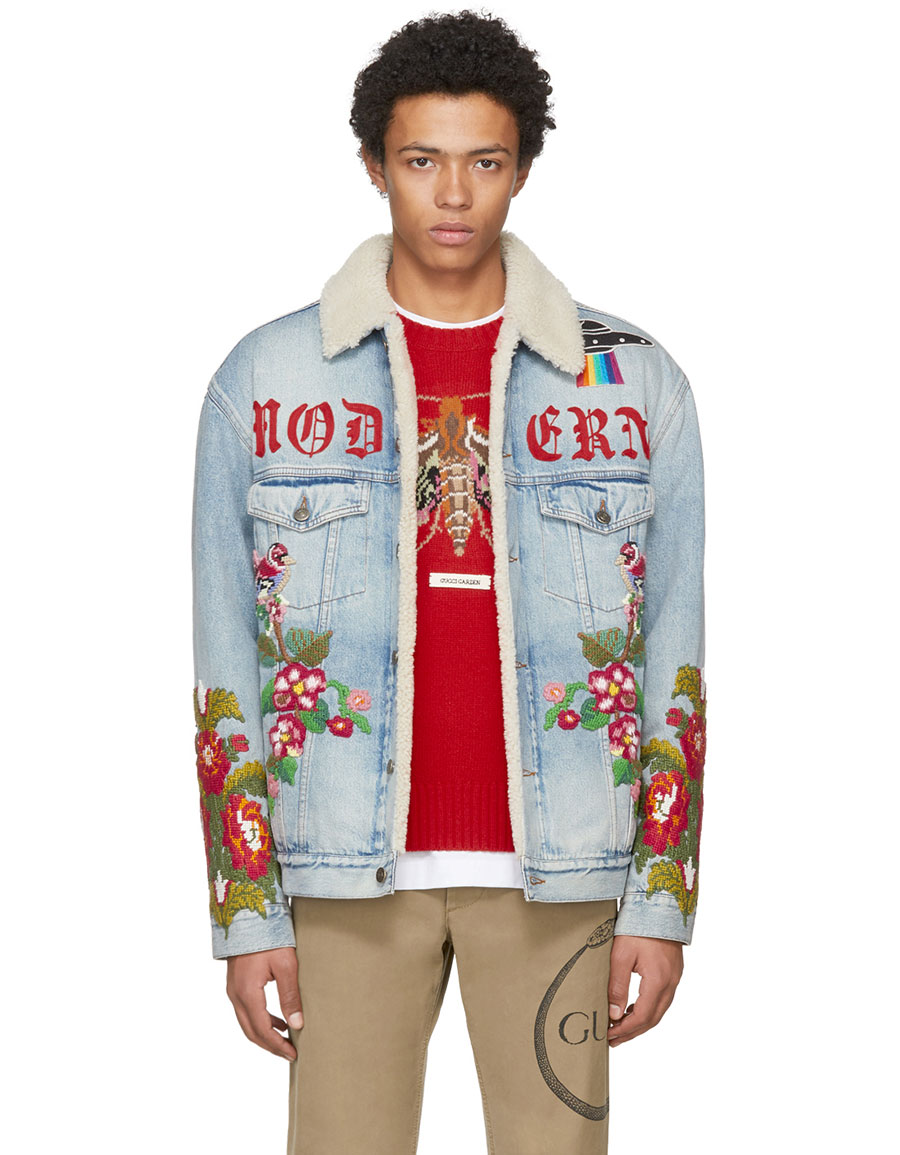 Blue Shearling Embroidered 'Modern Future' Jacket VERGLE
