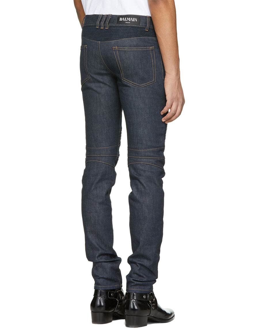 balmain raw denim biker jeans