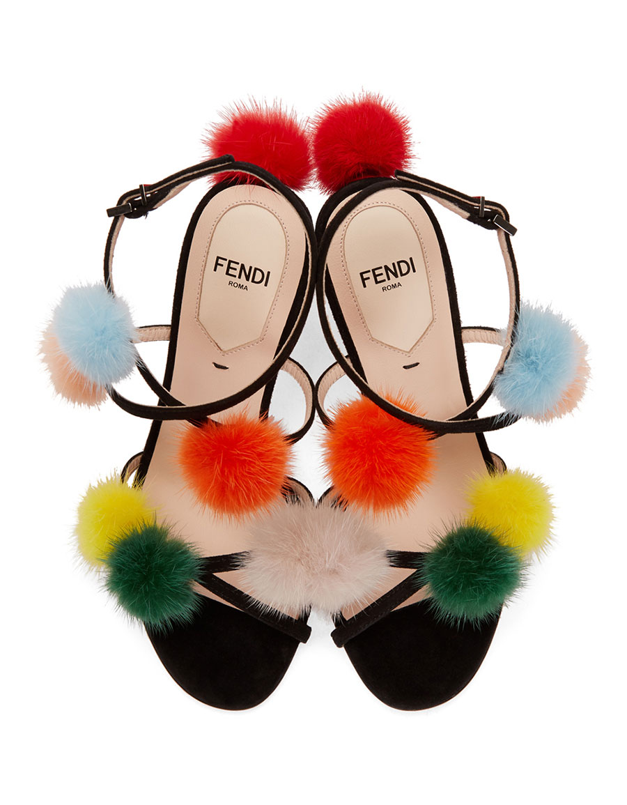 FENDI Black Fur Pom Pom Sandals · VERGLE