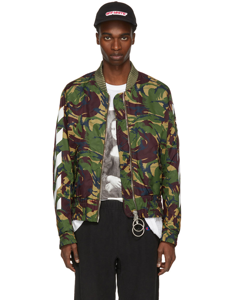 OFF WHITE Green Diagonal Camouflage Bomber Jacket VERGLE