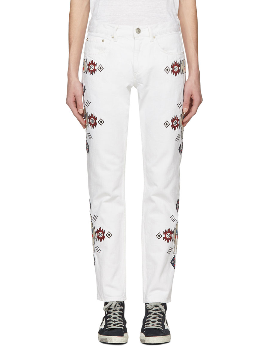 white embroidered jeans