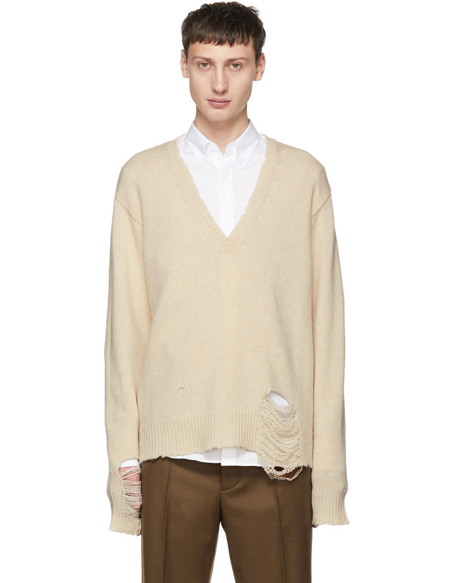 MAISON MARGIELA Off White Wool Distressed V Neck Sweater VERGLE