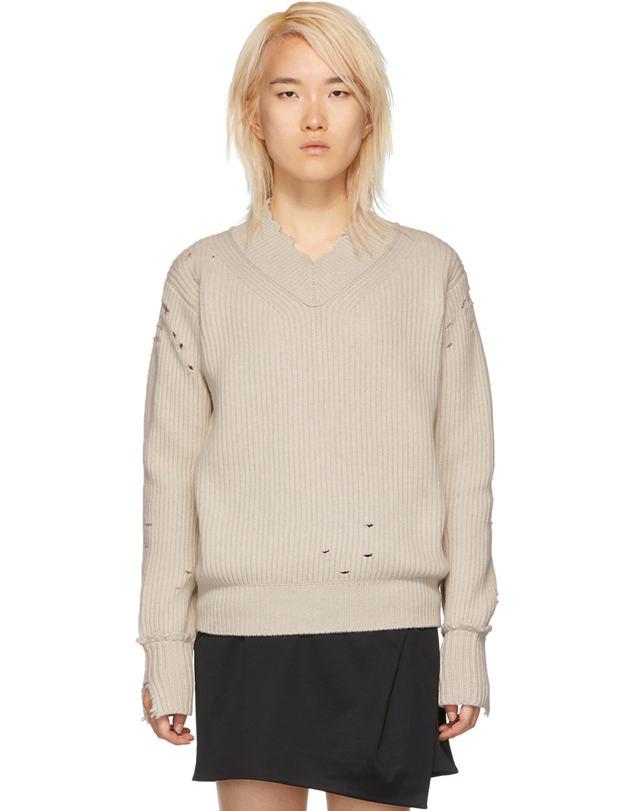 HELMUT LANG White Distressed Lambswool V-Neck Sweater · VERGLE
