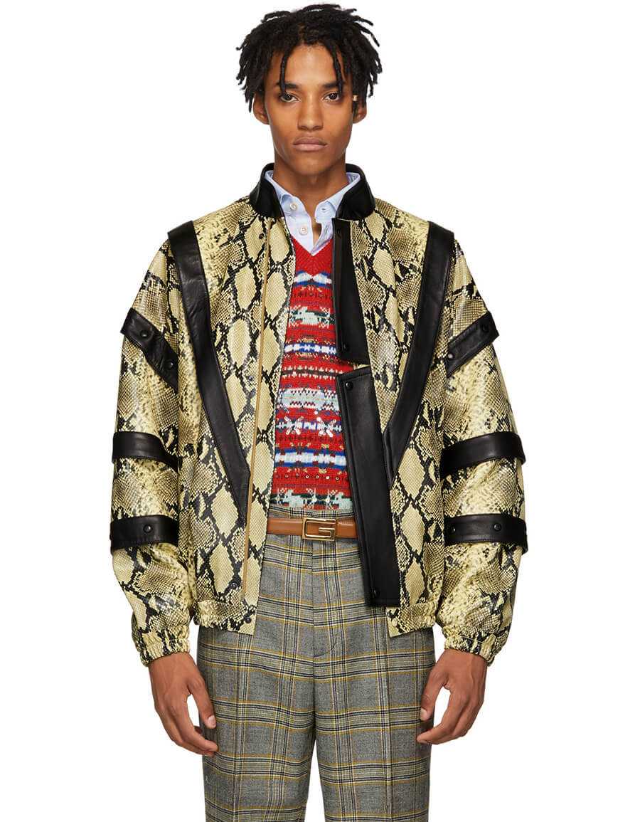 GUCCI Yellow Black Faux Python Bomber Jacket VERGLE