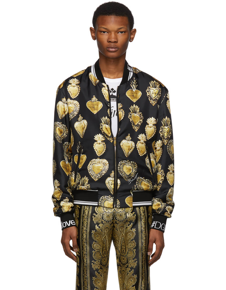 DOLCE & GABBANA Black Silk Sacred Heart Bomber Jacket · VERGLE