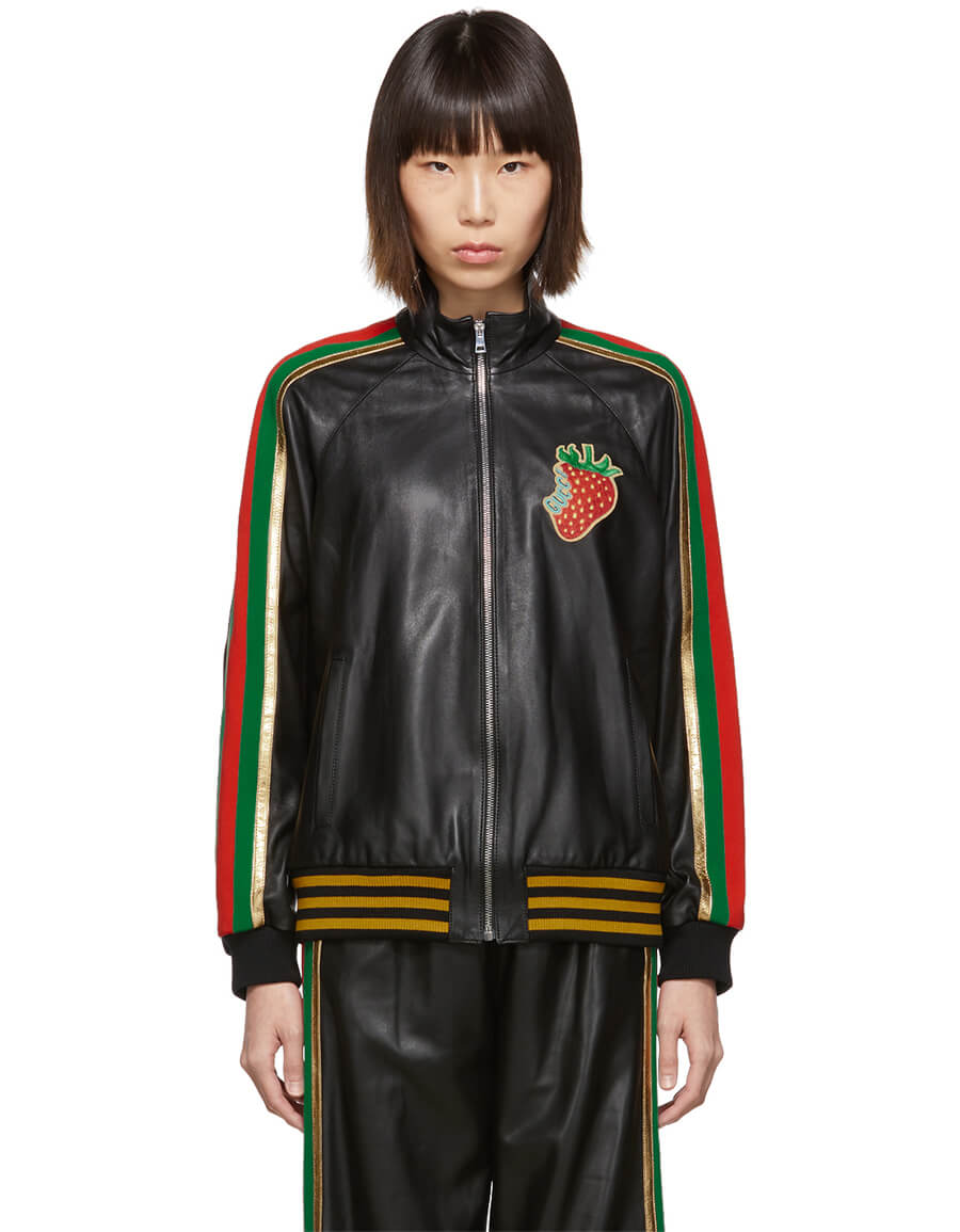 GUCCI Black Leather Strawberry Patch Track Jacket · VERGLE GUCCI Black Leather Strawberry Patch Track Jacket · VERGLE