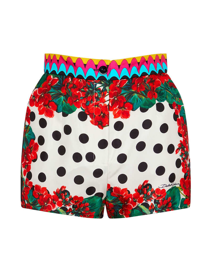 Printed Silk Twill Elastic Waist Shorts